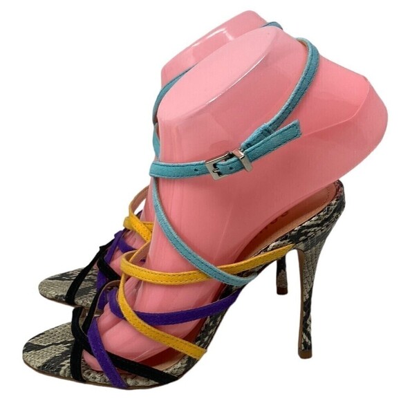 Schutz Multi Color Lizard Print Ankle Strap Open Toe Stiletto Size 5.5B NEW - Picture 1 of 9